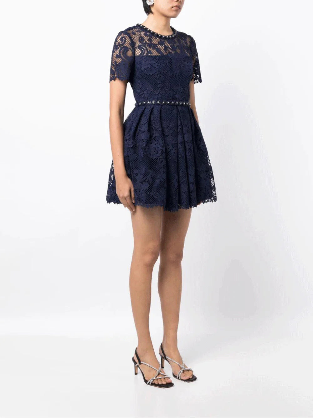 Navy Lace Embellished Mini Dress