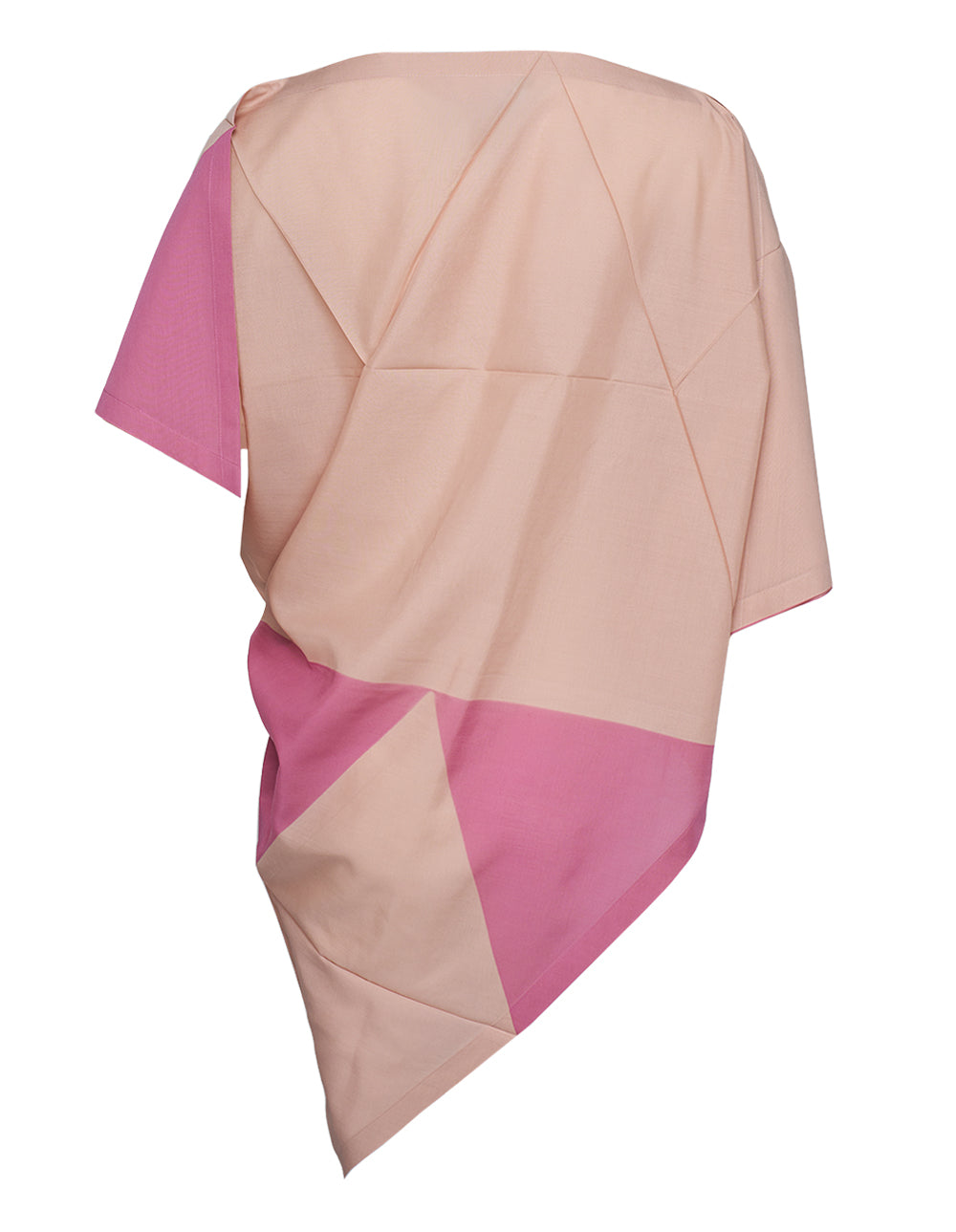 132 5. Issey Miyake Triangle Print T-Blouse in blush pink and fuchsia with geometric color-block panels and asymmetric draped hem, back view