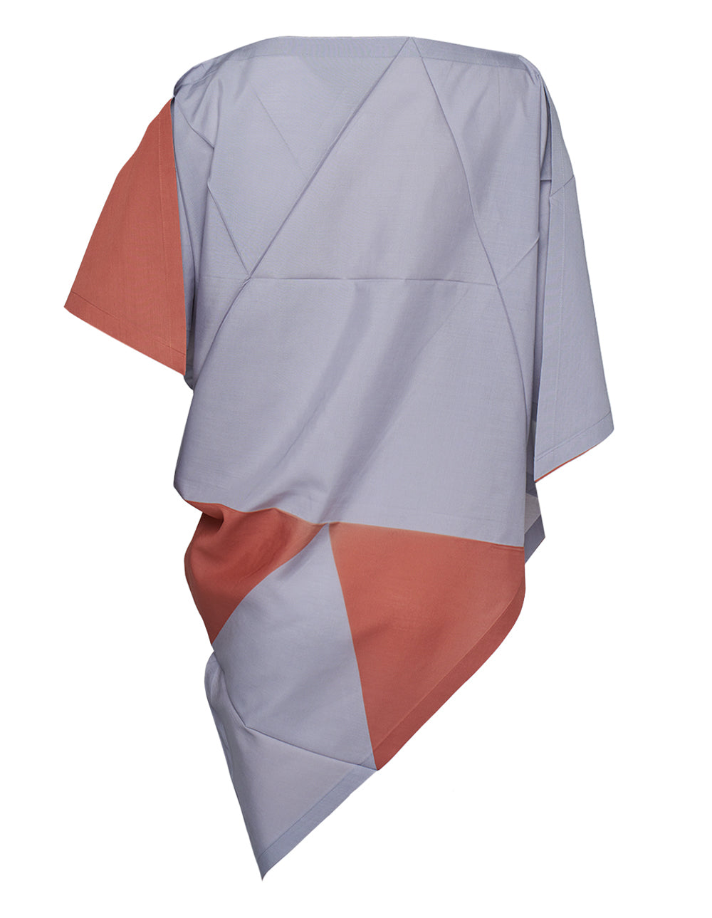 132 5. Issey Miyake Triangle Print T-Blouse in blush pink and fuchsia with geometric color-block panels and asymmetric draped hem, back view