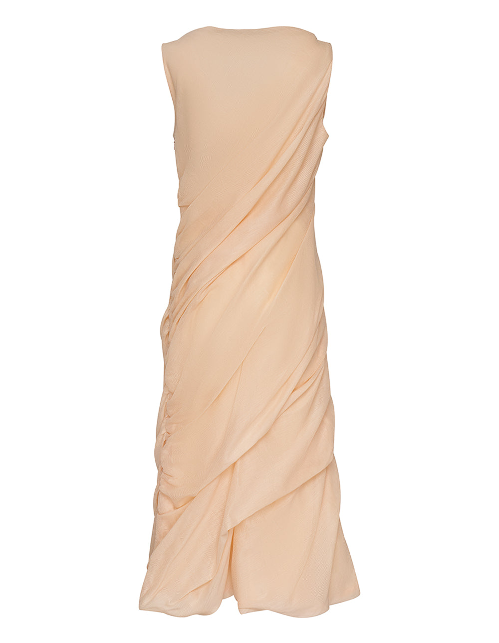 Issey Miyake Twining Dress in blush peach with diagonal draped woven fabric and sleeveless midi silhouette