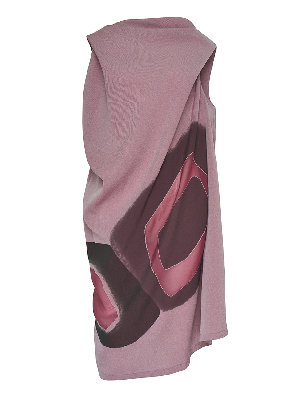 Issey Miyake abstract print draped sleeveless dress in dusty pink with geometric plum and rose pattern