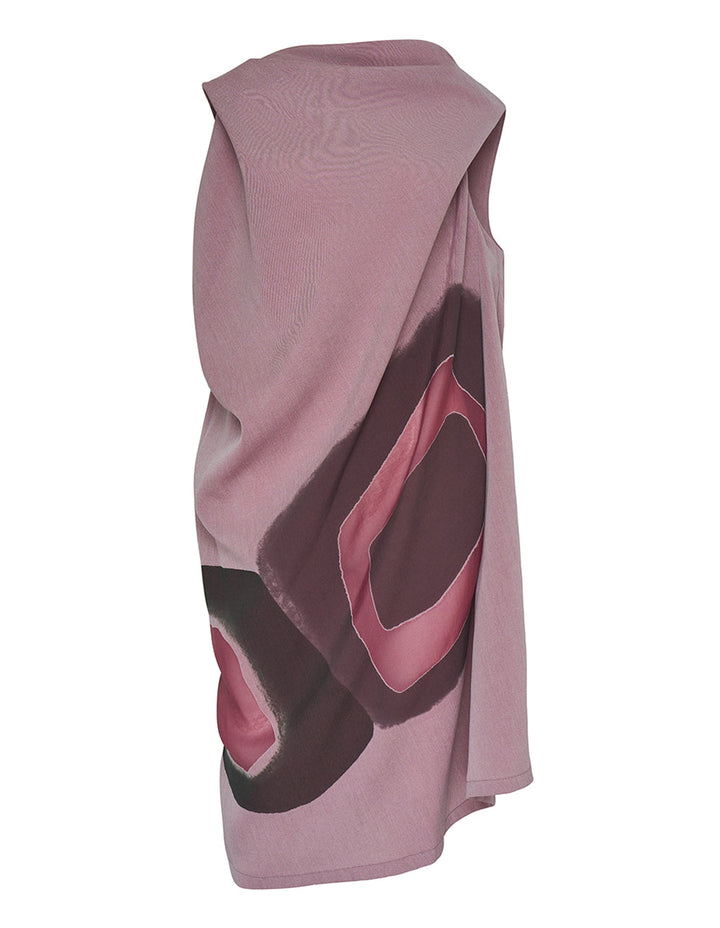 Issey Miyake abstract print draped sleeveless dress in dusty pink with geometric plum and rose pattern