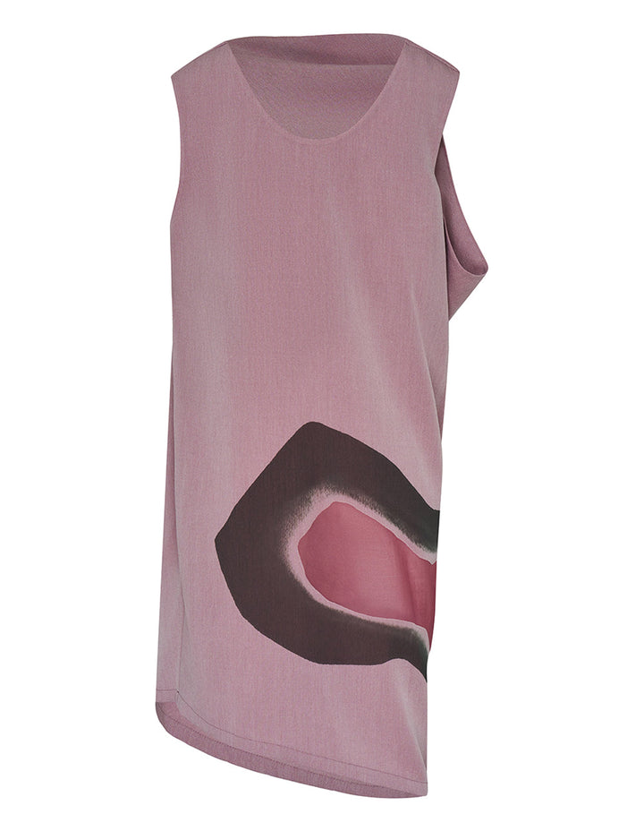 Issey Miyake abstract print draped sleeveless dress in dusty pink with geometric plum and rose pattern