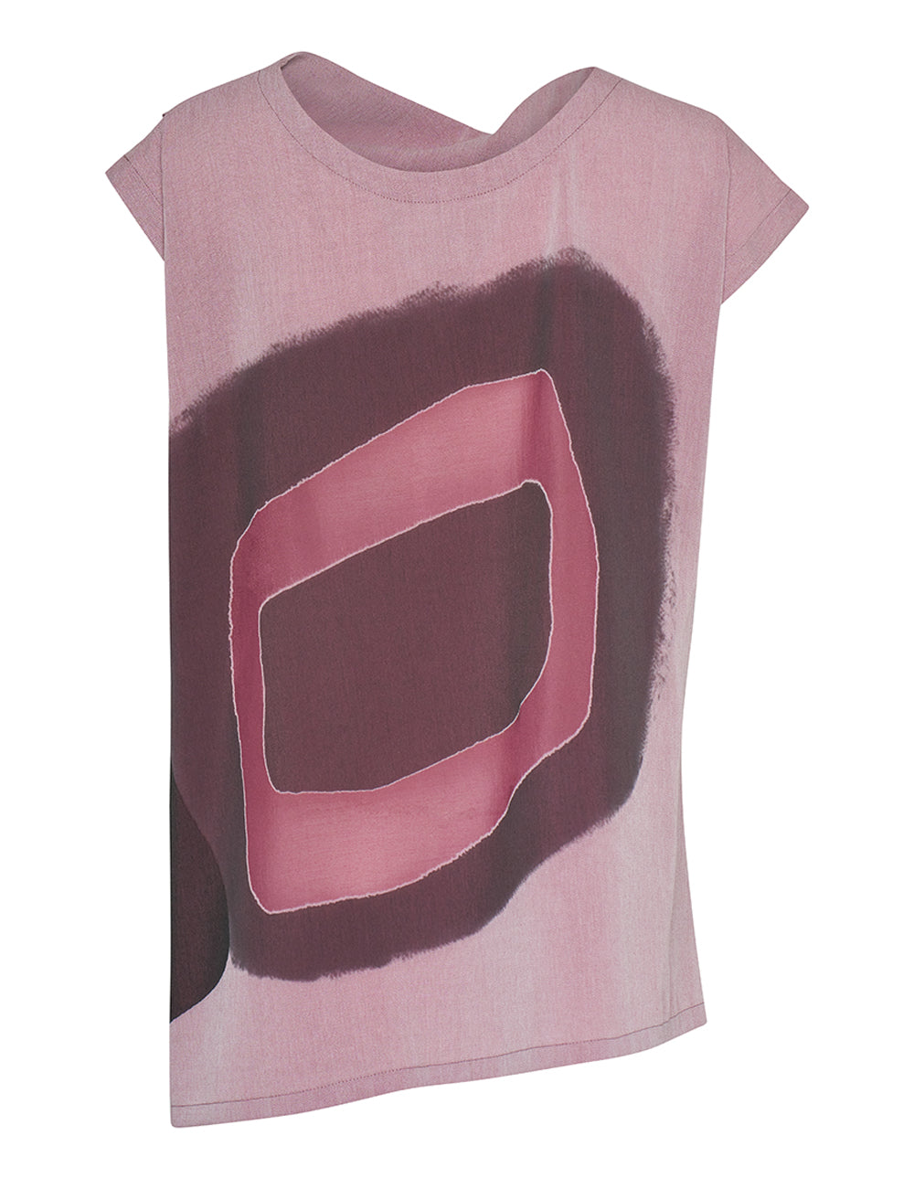 Issey Miyake Meanwhile Top in dusty pink with large abstract dark and hot pink brushstroke print, back view showing boxy silhouette and cap sleeves