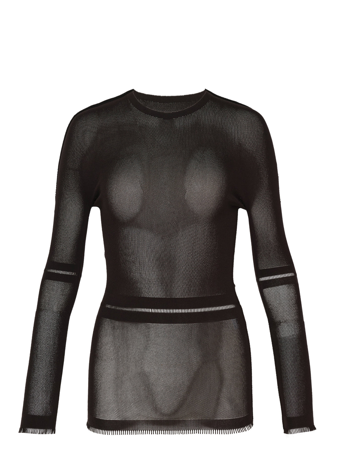 Issey Miyake Skin AP sheer black mesh knit top with long sleeves, crew neck, ladder-stitch banding and fringed hem