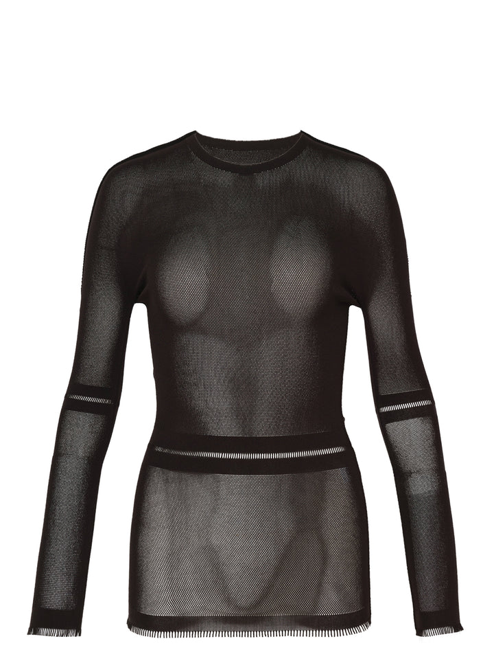 Issey Miyake Skin AP sheer black mesh knit top with long sleeves, crew neck, ladder-stitch banding and fringed hem