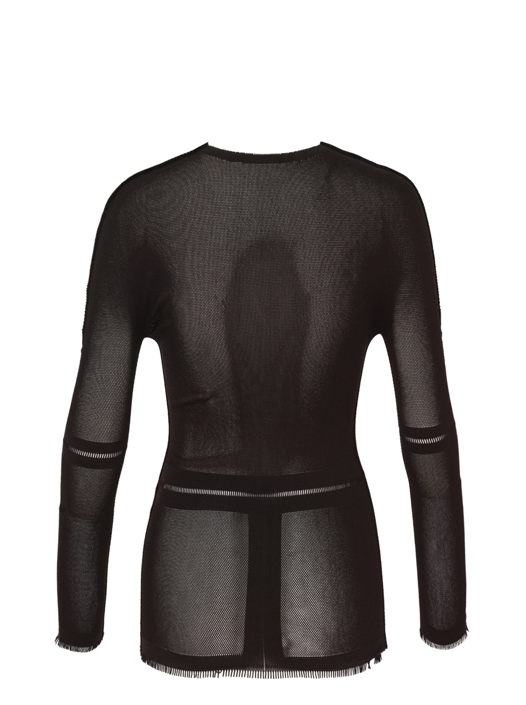 Issey Miyake Skin AP sheer black mesh knit top with long sleeves, crew neck, ladder-stitch banding and fringed hem - view 2