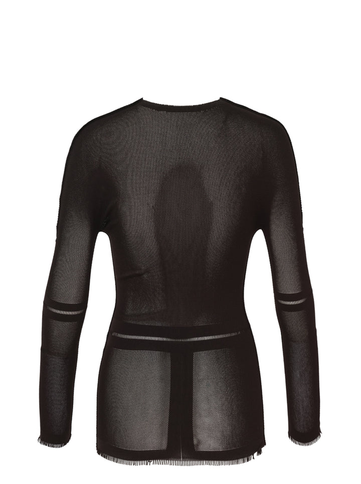 Issey Miyake Skin AP sheer black mesh knit top with long sleeves, crew neck, ladder-stitch banding and fringed hem - view 2