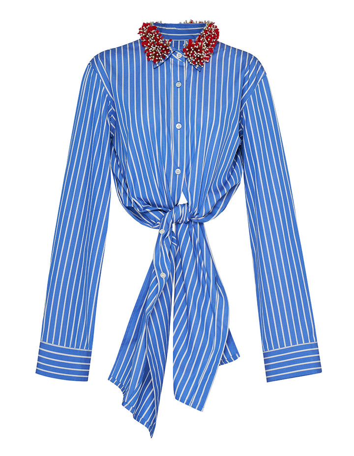 Striped Compact Popeline Cropped Shirt