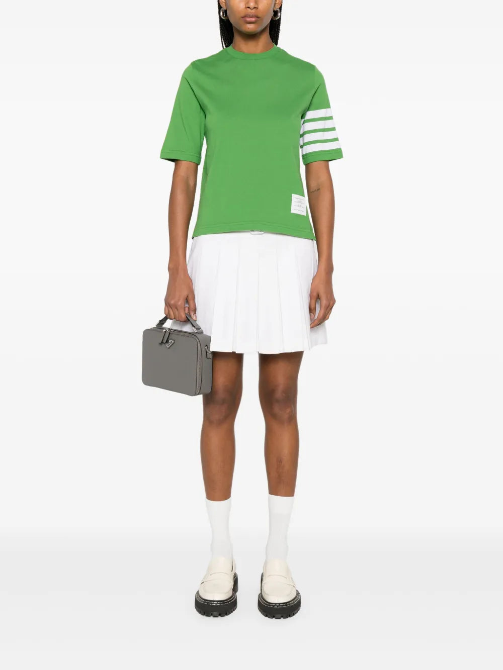 Thom Browne green cotton jersey oversized short sleeve tee with four white bar stripes on the sleeve and tricolour grosgrain trim