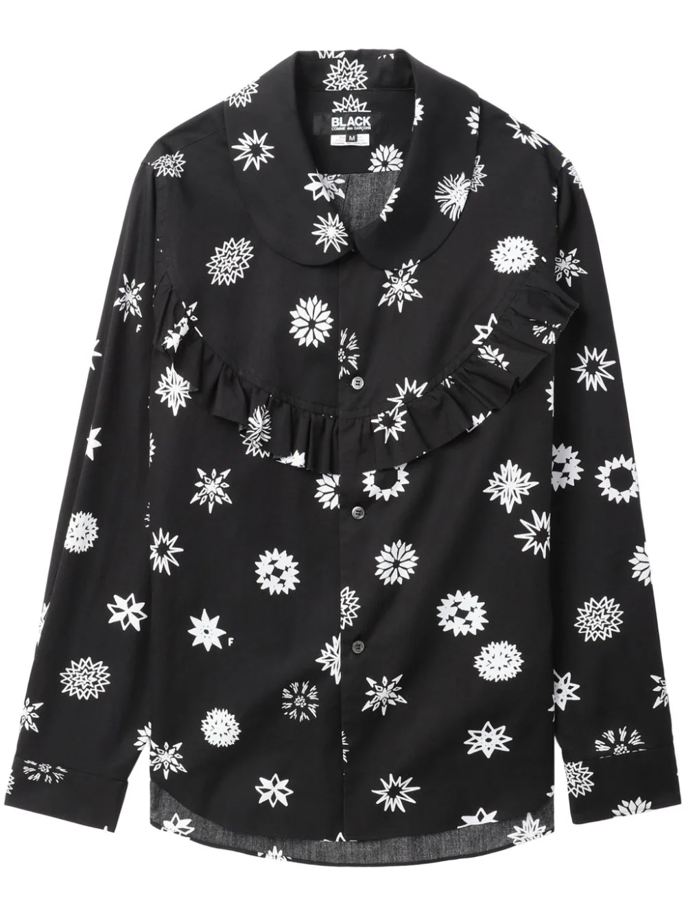 Comme des Garçons BLACK Filip Pagowski print long-sleeve blouse in black with white snowflake motifs, ruffle bib detail, and peter pan collar