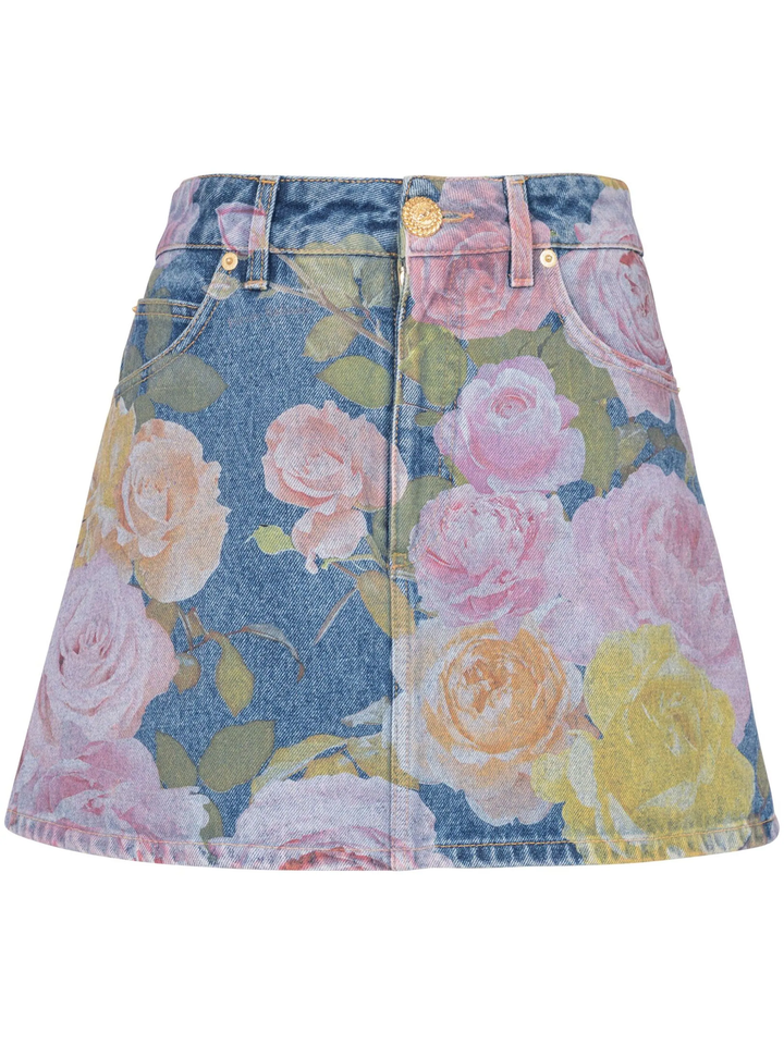 Pastel Roses Print Denim Mini Skirt