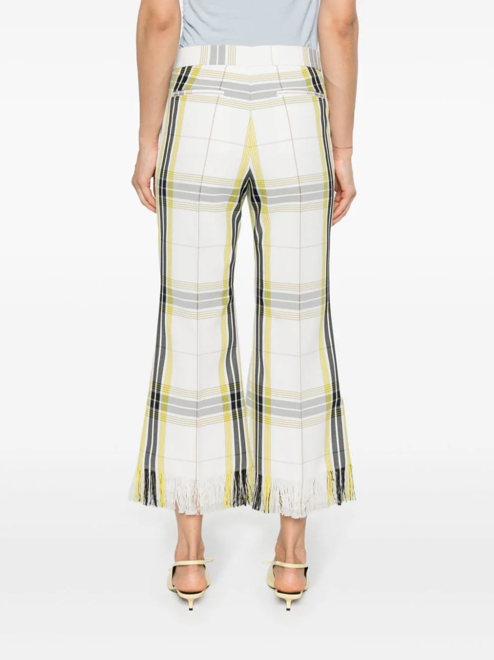 White Yellow Checkered Cropped Pants - Main Image
