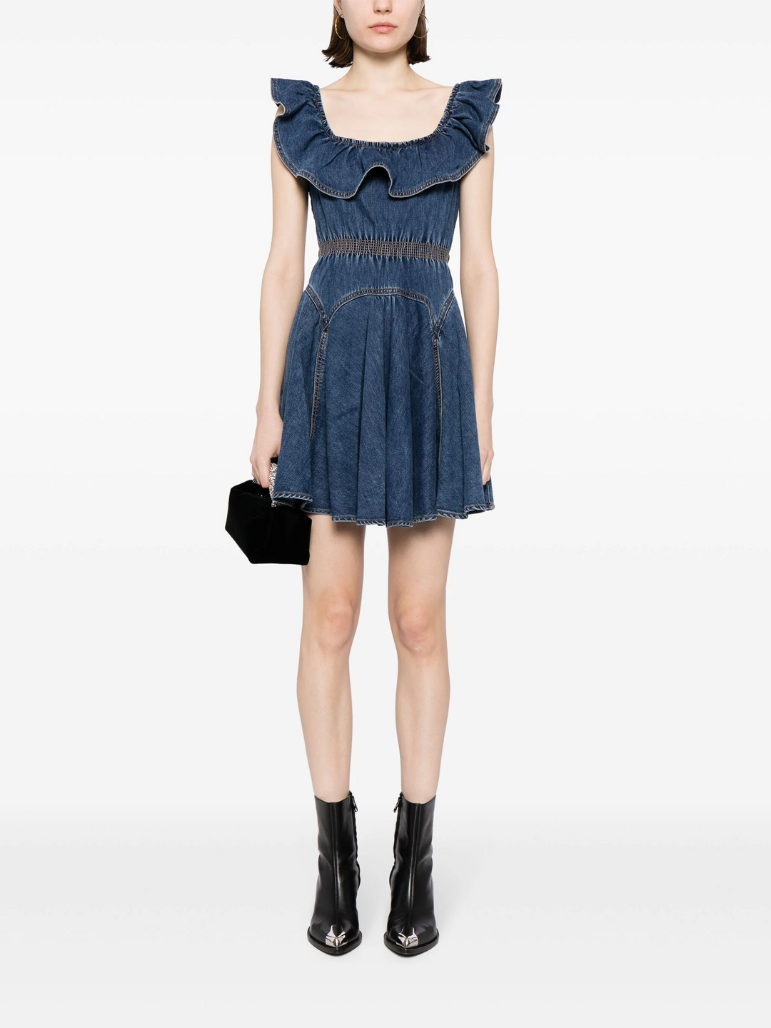 Denim Ruffle Mini Dress –