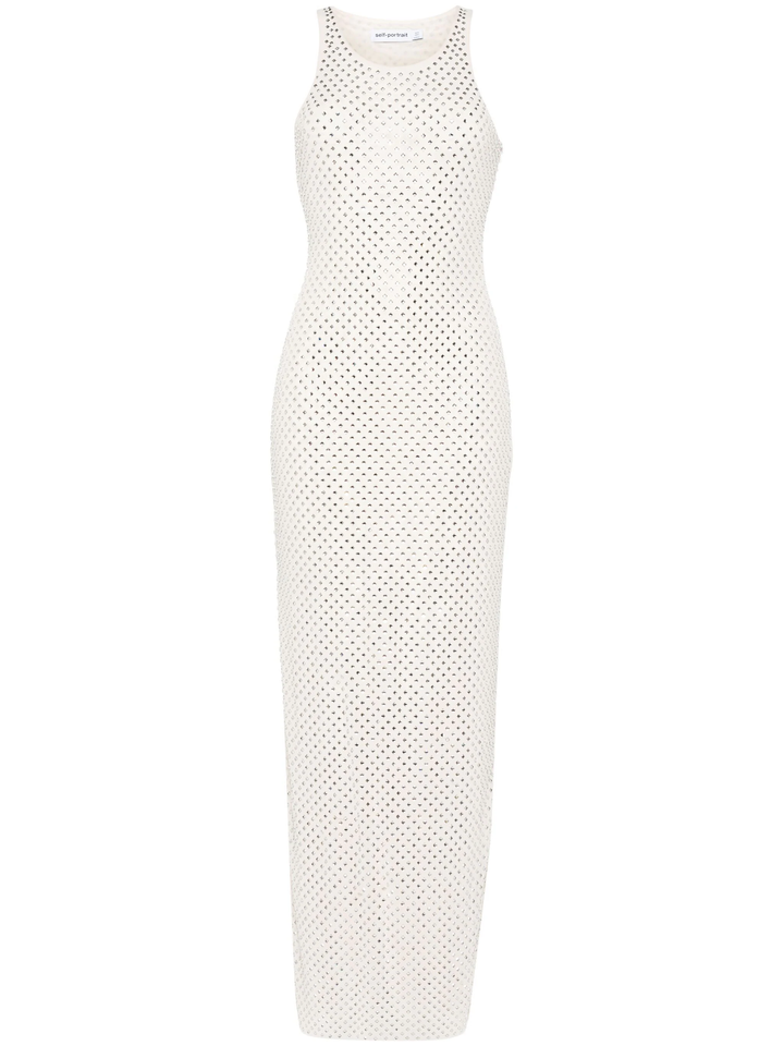 Cream Mesh Rhinestone Maxi Dress