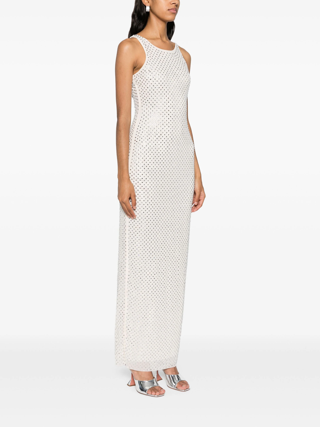 Cream Mesh Rhinestone Maxi Dress