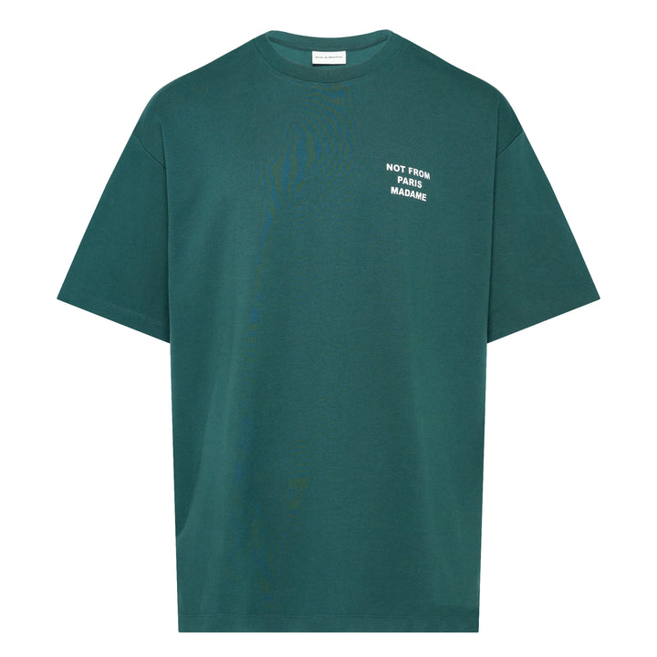 Drôle de Monsieur Not From Paris Madame slogan tee in forest green with white chest print, oversized fit, crew neck
