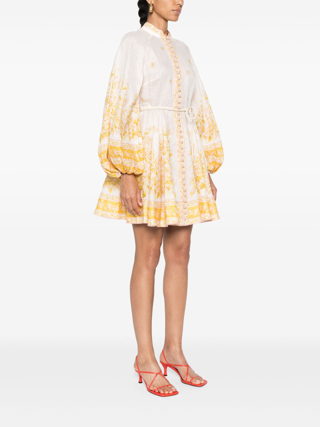 golden buttoned mini dress Zimmermann Golden Buttoned Mini Dress in Pink & Gold Floral