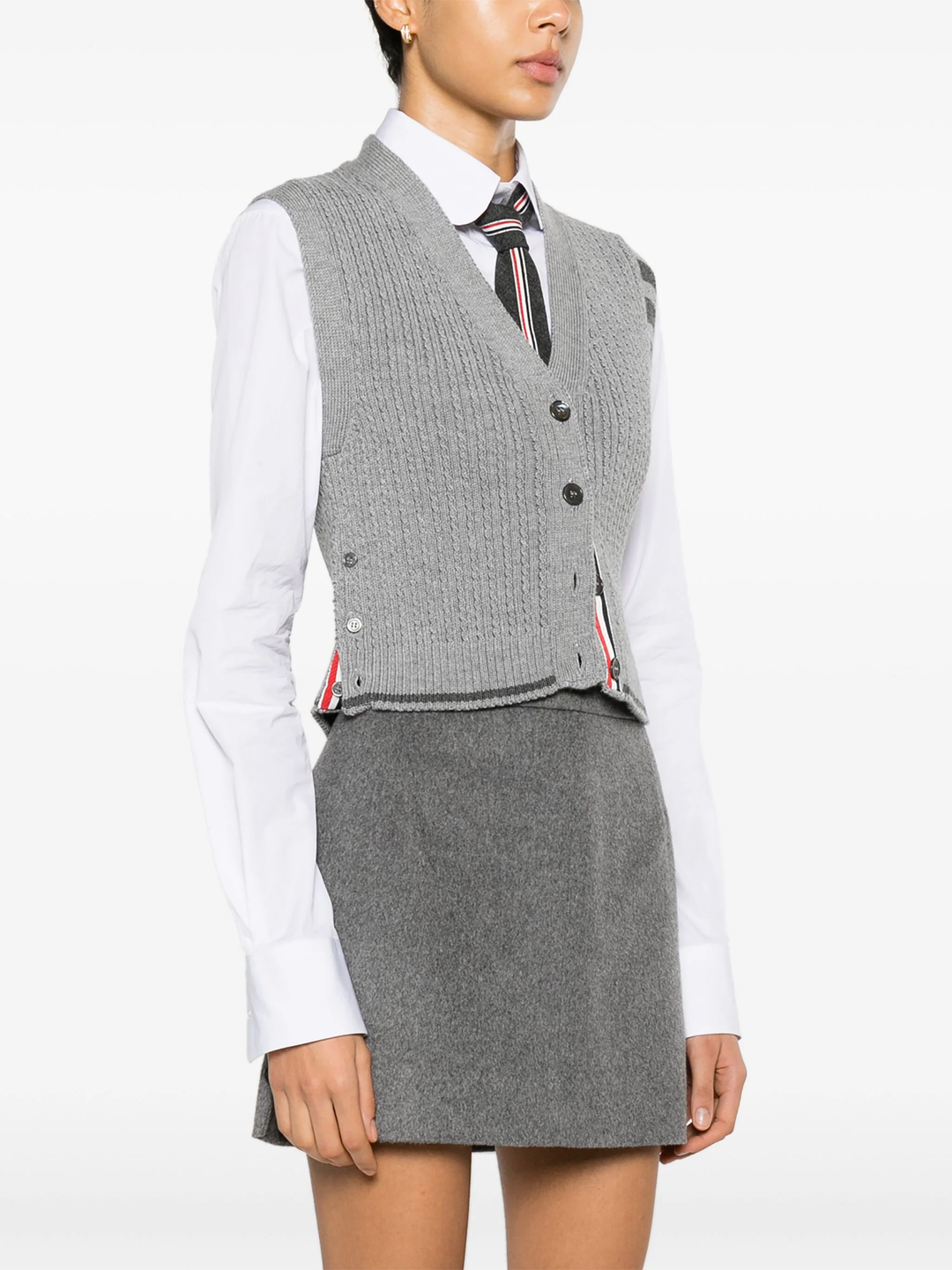 Merino Wool 4-Bar Cropped Cable Cardigan Vest