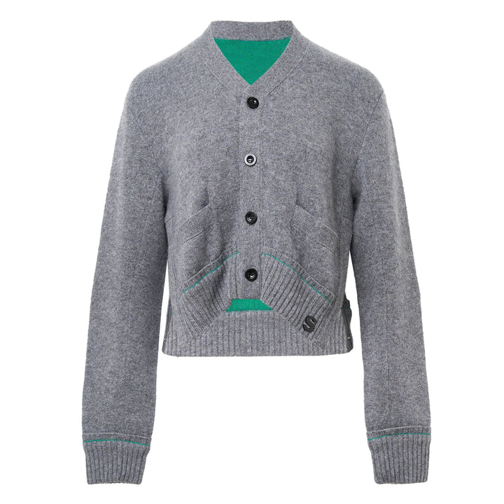 sacai Cashmere Knit Cardigan in heather grey with green contrast lining, V-neckline, four-button front closure, and dual front pockets