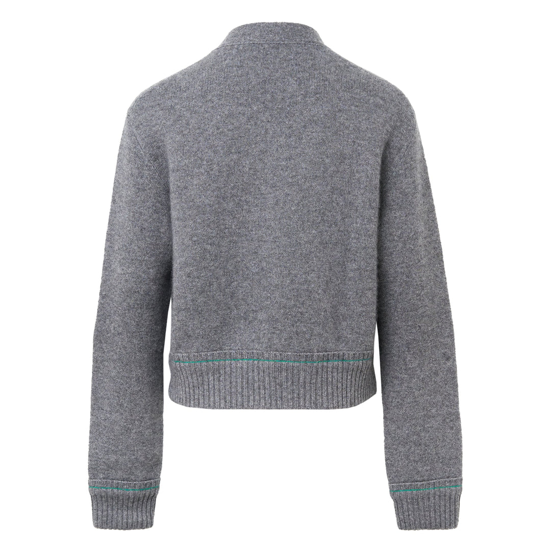 sacai Cashmere Knit Cardigan in heather grey with green contrast lining, V-neckline, four-button front closure, and dual front pockets