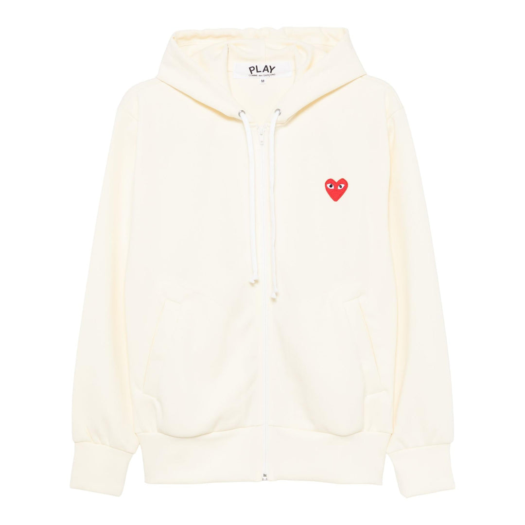 Comme des Garçons PLAY black full-zip hoodie with red embroidered heart logo patch on chest, front view