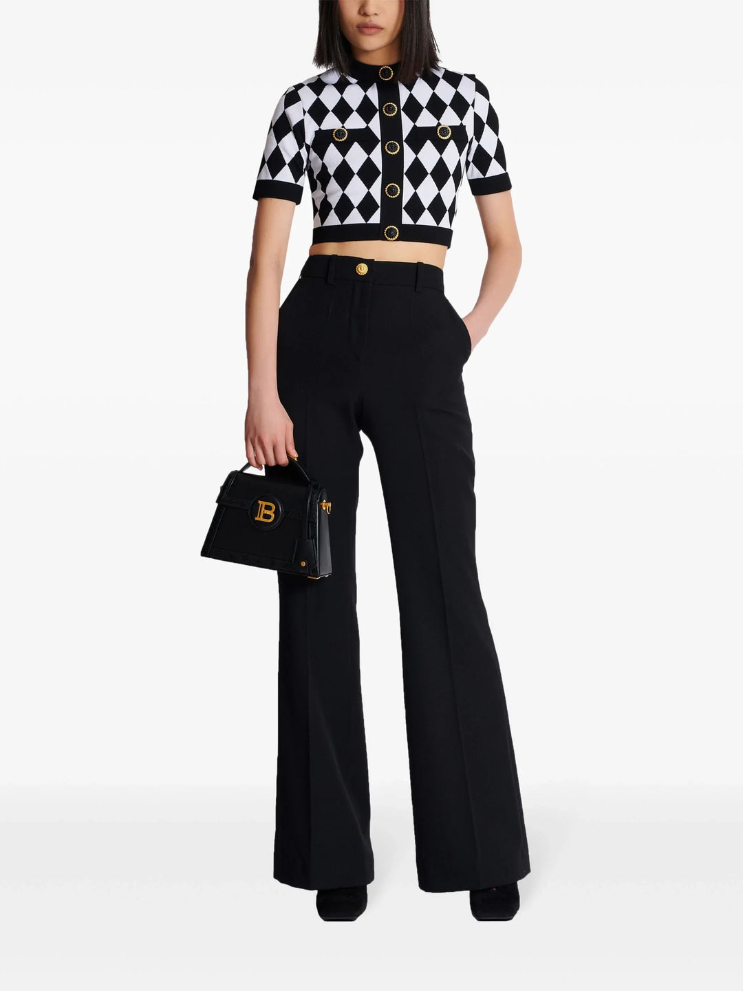 Buttonned Diamond Jacquard Cropped Top