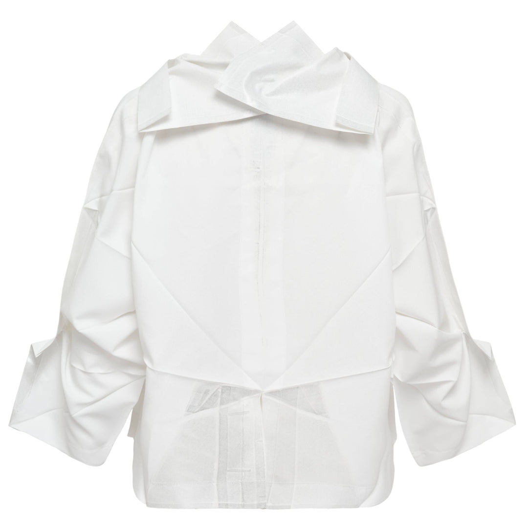 132 5. Issey Miyake white origami pleated standard jacket with geometric angular panels and ruffled three-quarter sleeves, front view