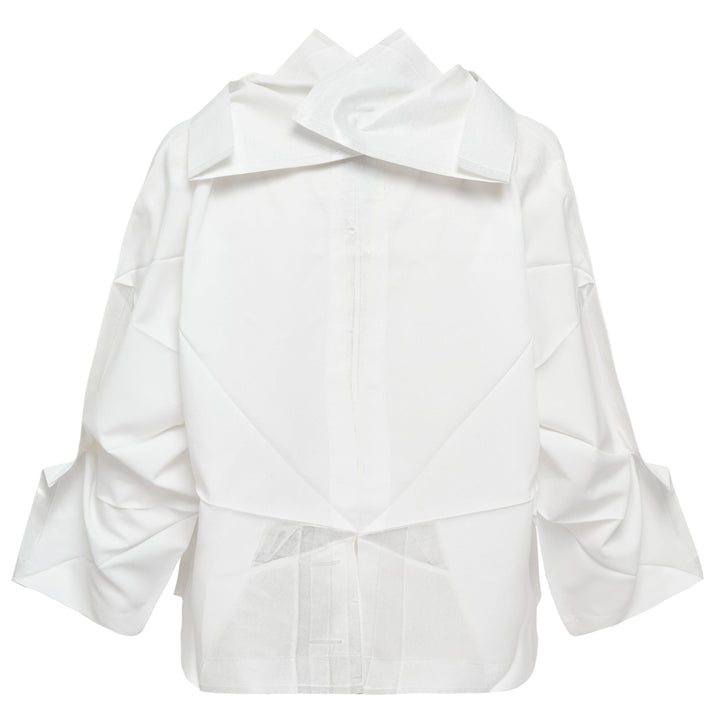 132 5. Issey Miyake white origami pleated standard jacket with geometric angular panels and ruffled three-quarter sleeves, front view