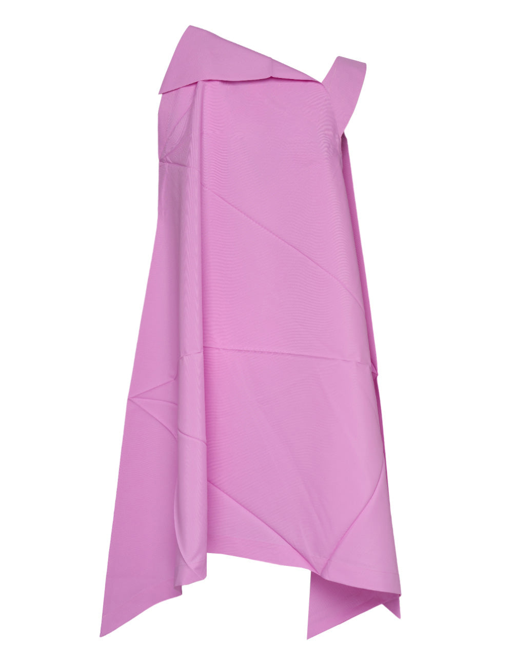 132 5. Issey Miyake Fractal Solid Woven Dress in lilac pink with geometric origami panelling and asymmetric silhouette, side view on white background