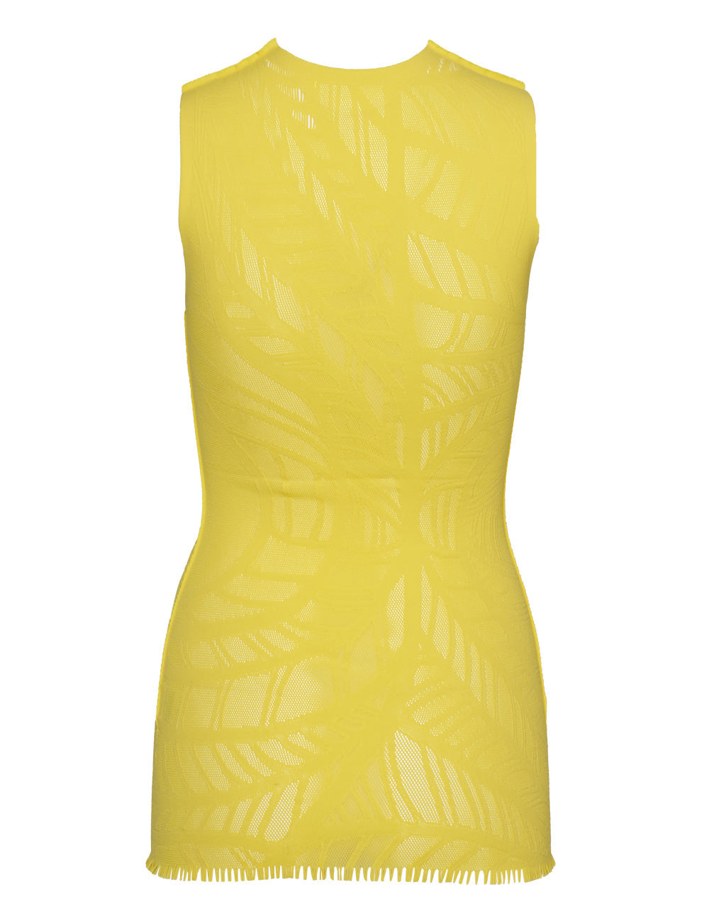 Issey Miyake Leaf Body Knit Top in yellow with open mesh leaf motif and fringe hem, front view on white background