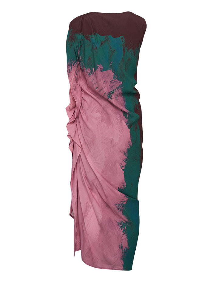 Side Drapes Silk Geo Brushstroke Dress