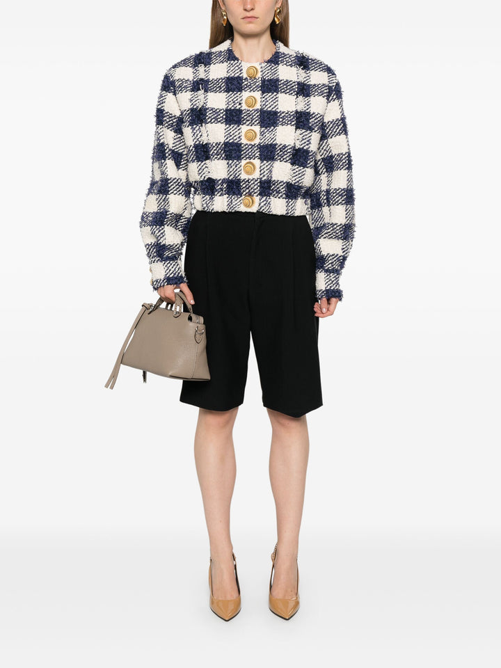Buttoned Tweed Crop Bomber Jacket