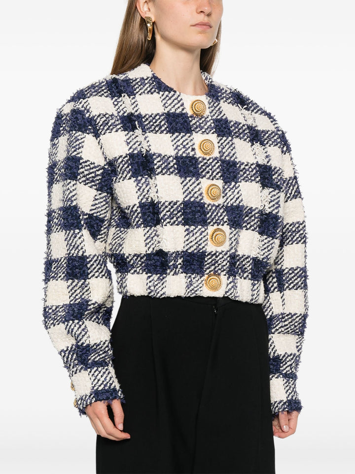 Buttoned Tweed Crop Bomber Jacket