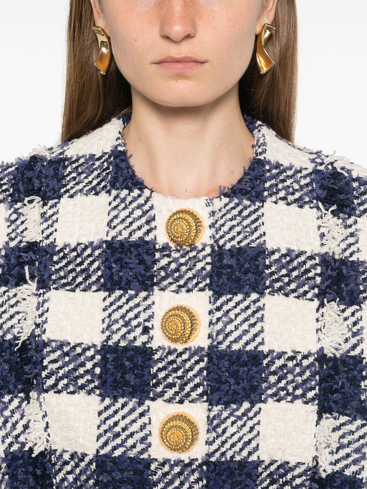 Buttoned Tweed Crop Bomber Jacket