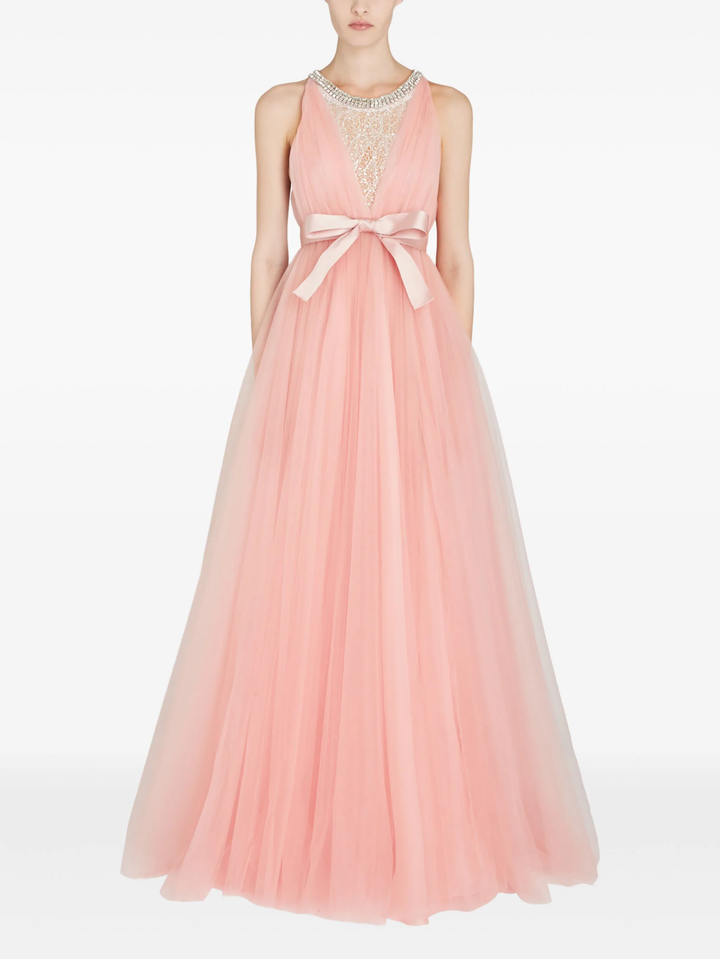 Quartz Rose Long Tulle Dress With Jewels