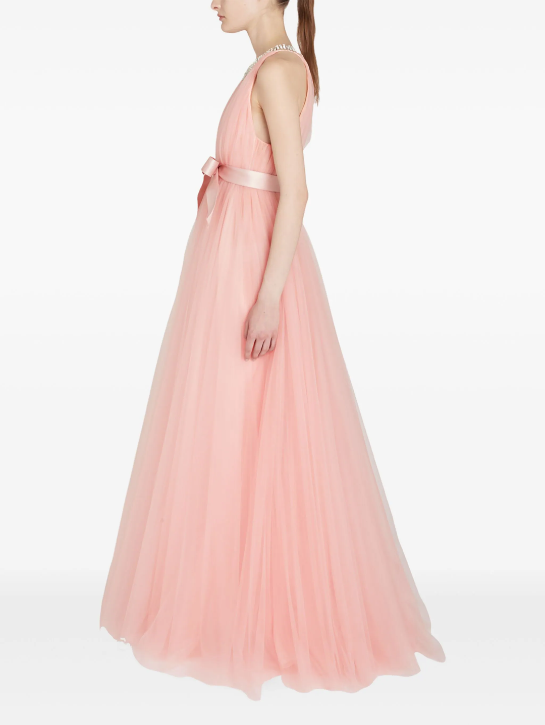 Quartz Rose Long Tulle Dress With Jewels