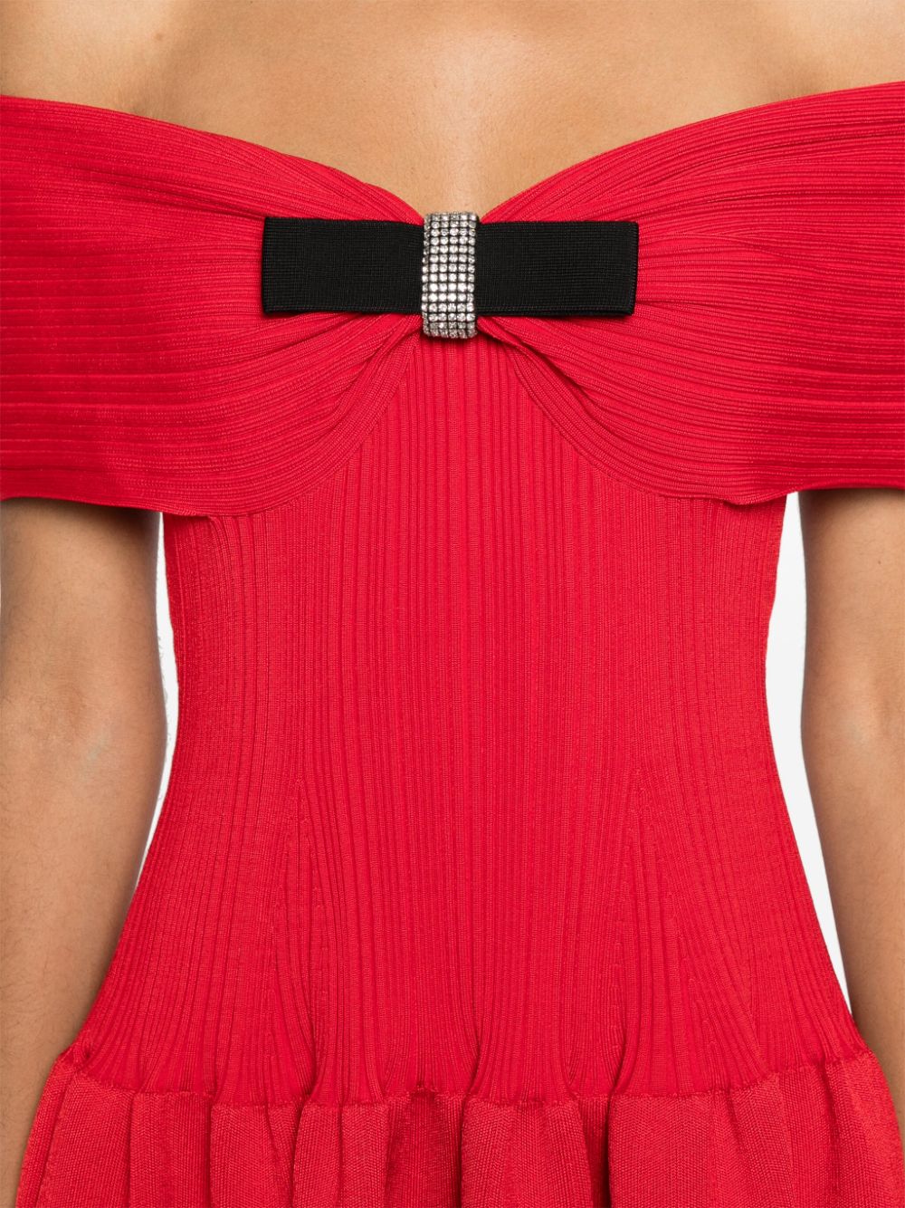 self portrait red knit bow round neck mini dress SELF-PORTRAIT