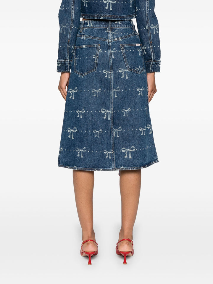 Bow Print Denim Midi Skirt