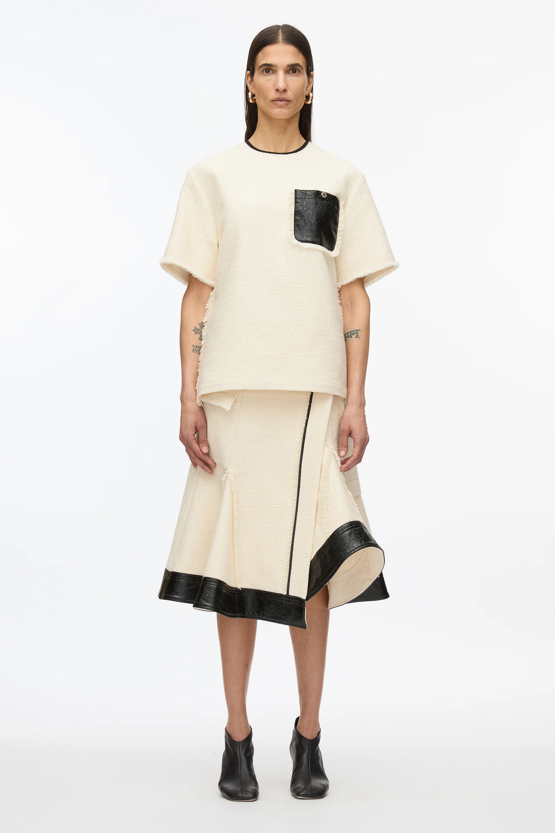 Tweed Boxy Tee With Faux Leather