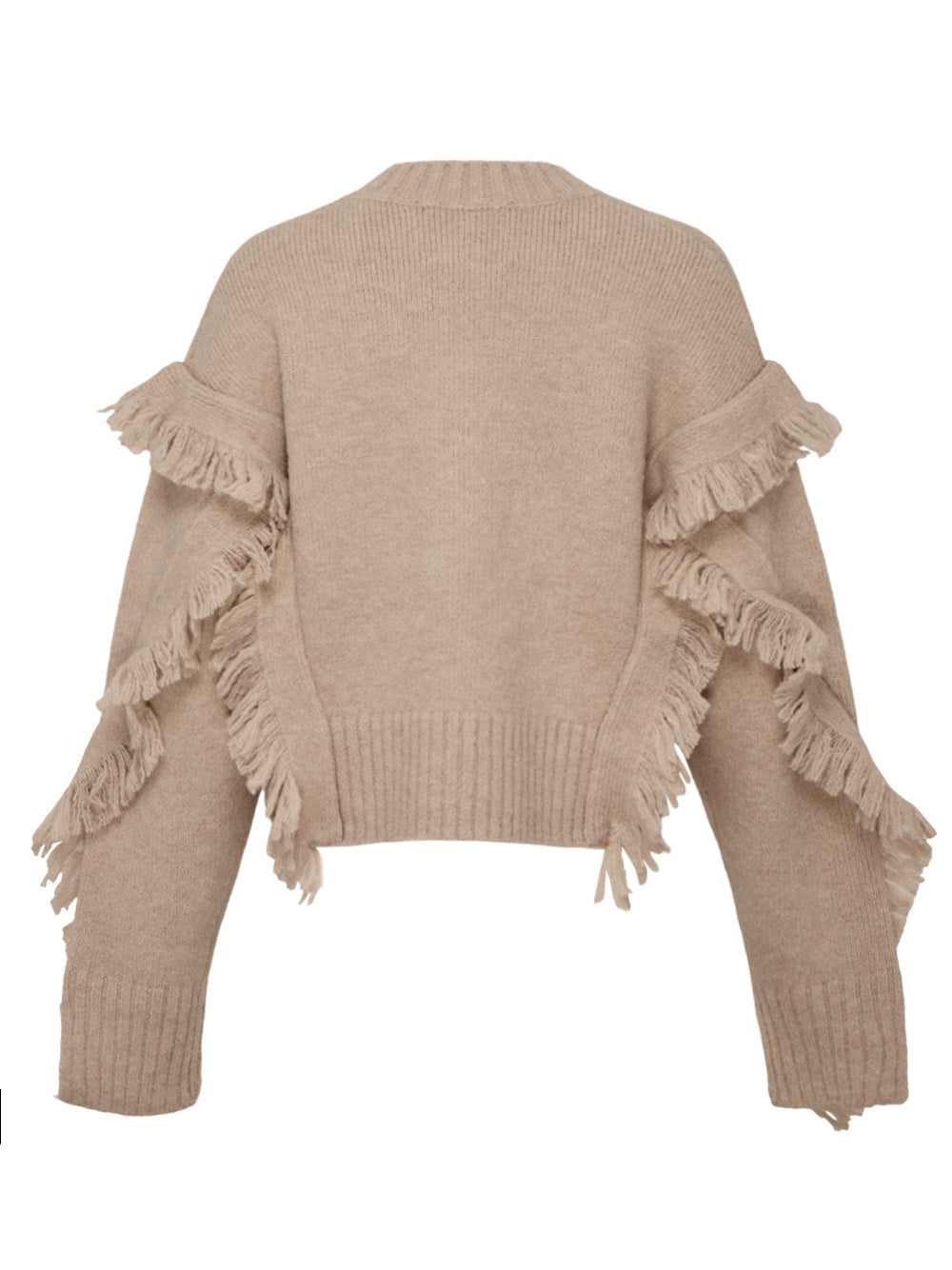 Long Sleeve Crewneck Sweater With Fringe Trim