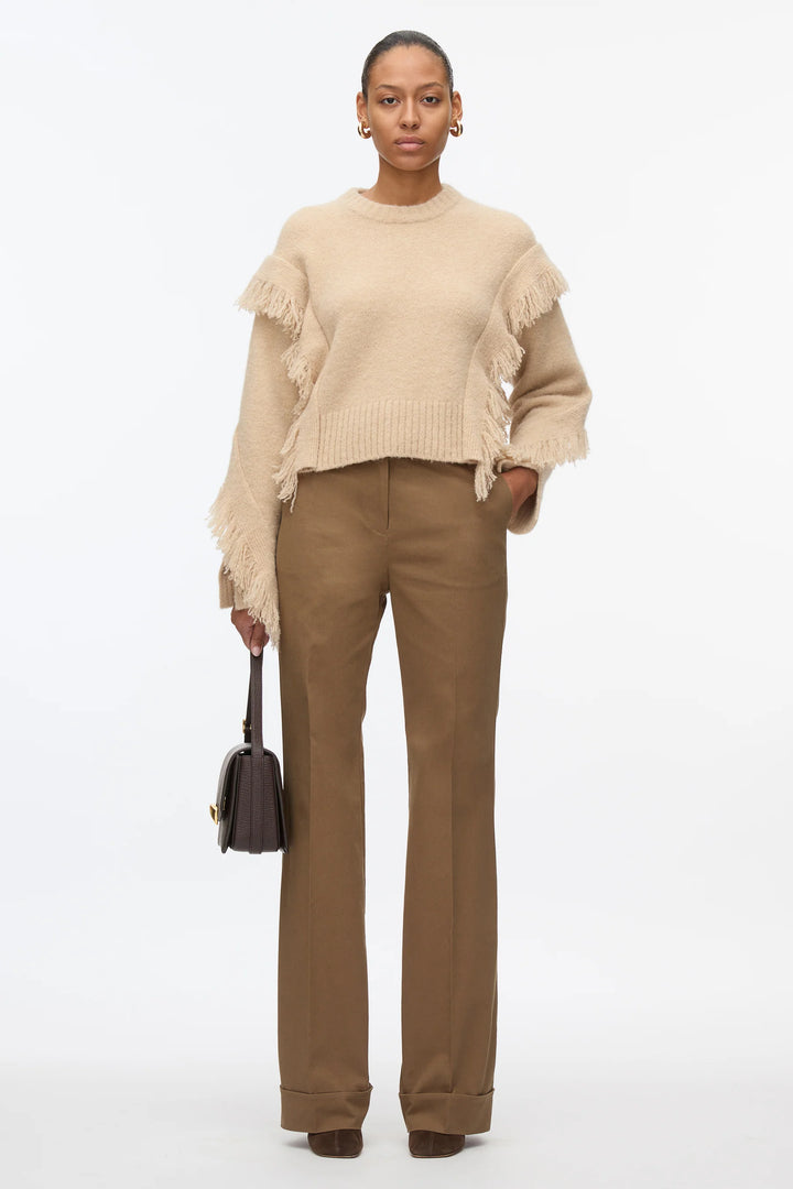 Long Sleeve Crewneck Sweater With Fringe Trim