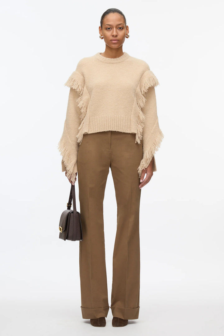 Long Sleeve Crewneck Sweater With Fringe Trim