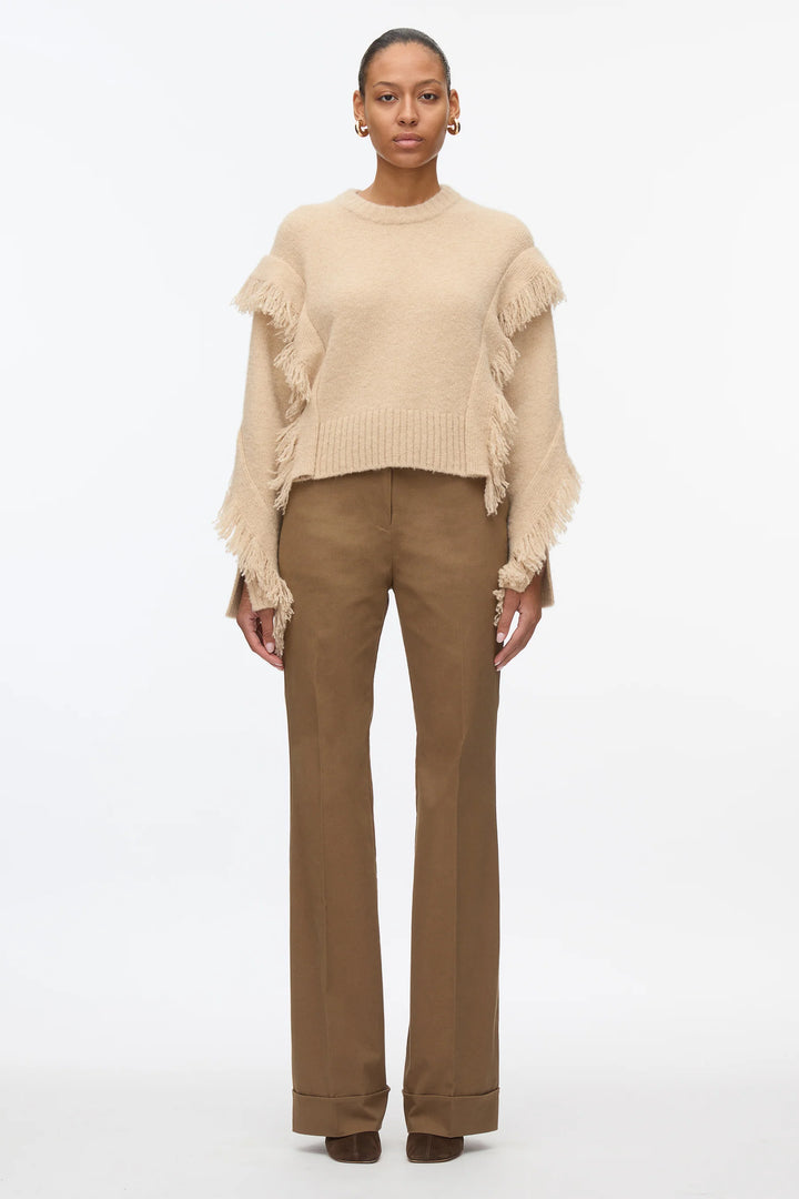 Long Sleeve Crewneck Sweater With Fringe Trim