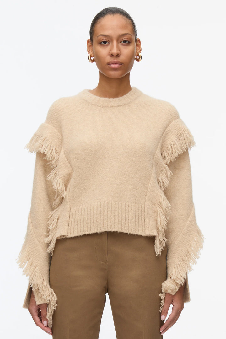 Long Sleeve Crewneck Sweater With Fringe Trim
