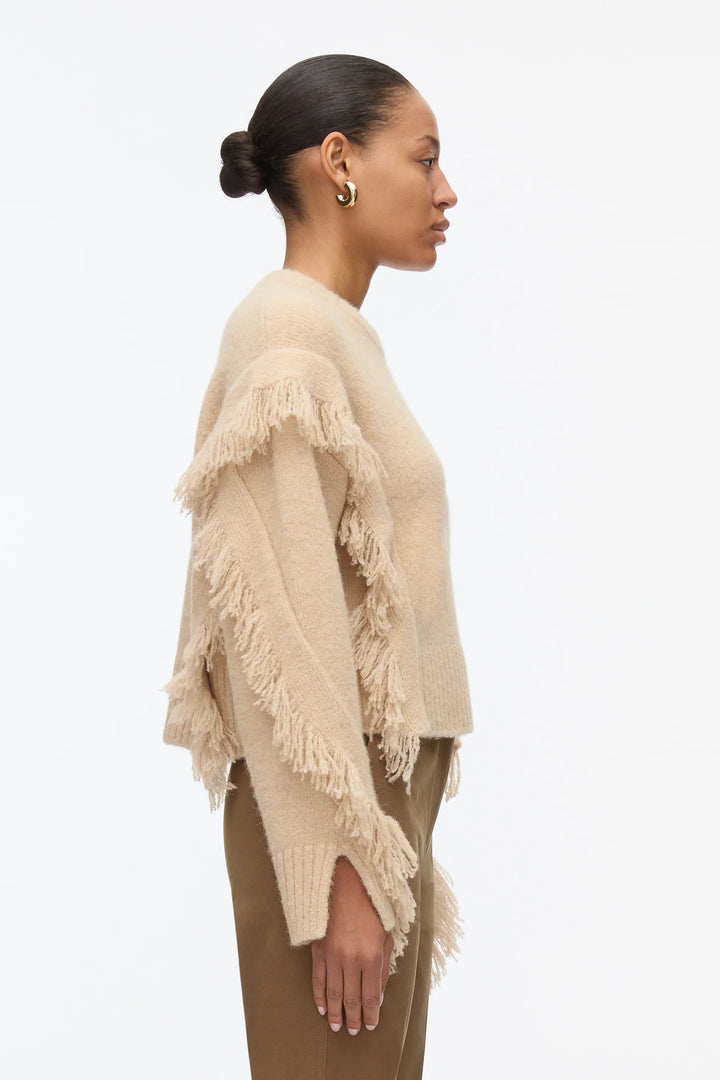 Long Sleeve Crewneck Sweater With Fringe Trim