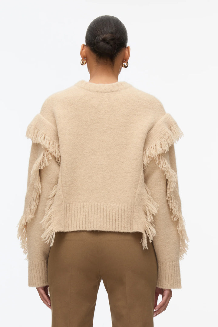 Long Sleeve Crewneck Sweater With Fringe Trim