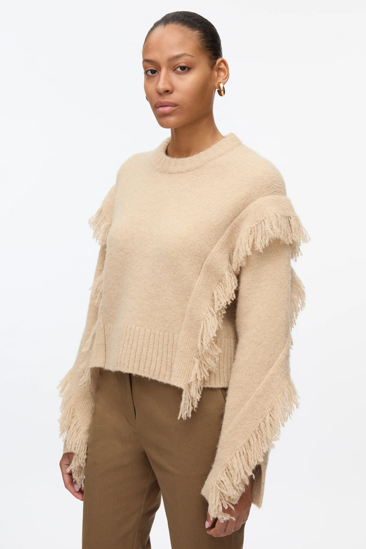 Long Sleeve Crewneck Sweater With Fringe Trim