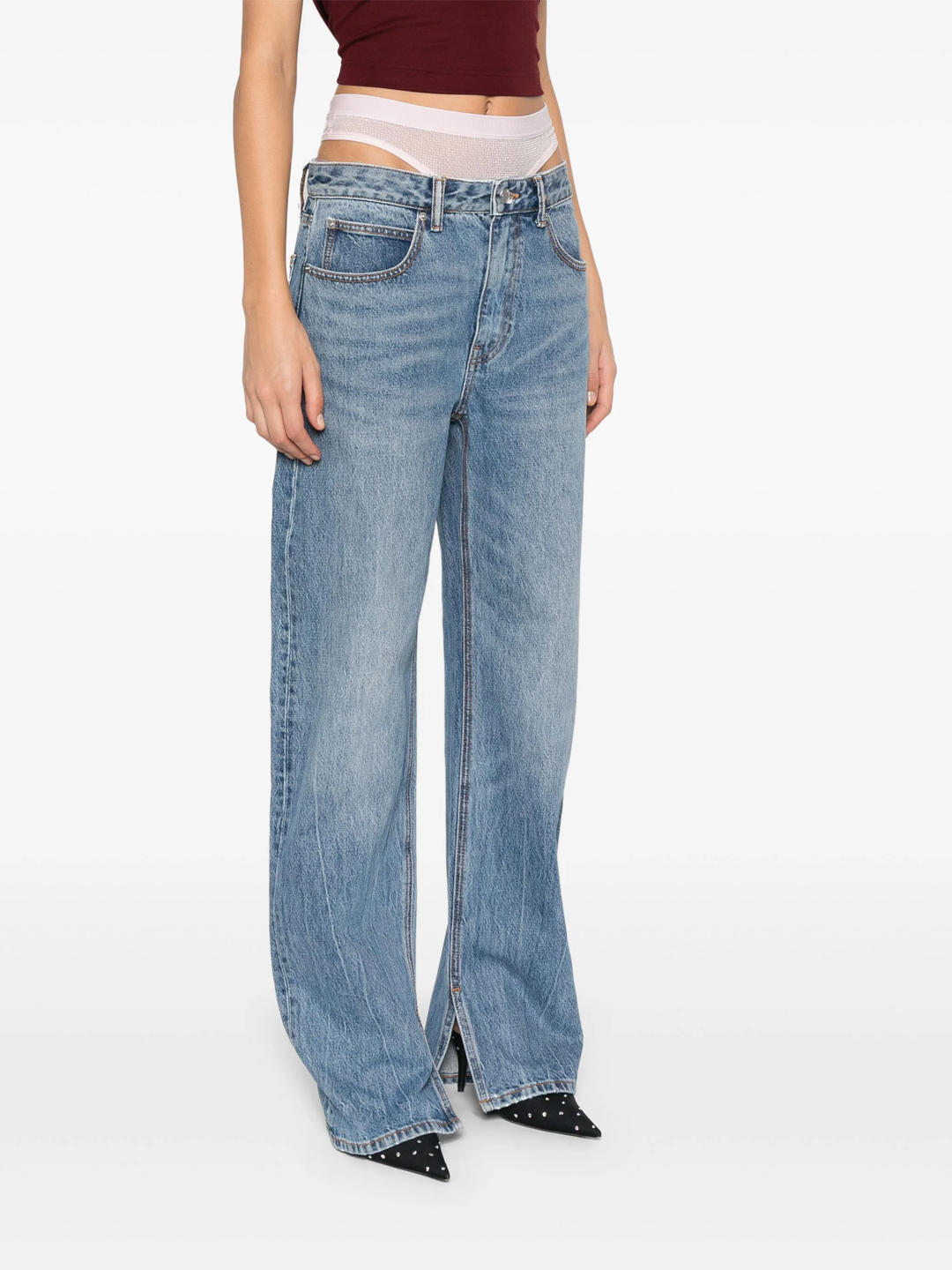 Pre-Styled Straight-Leg Slit-Hem Jeans In Cotton