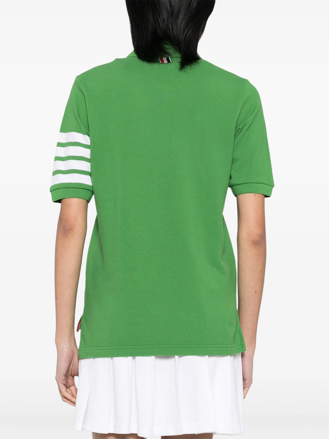 Thom Browne light blue short sleeve piqué polo shirt with white 4-bar stripe on sleeve and tri-colour hem trim, made in Italy